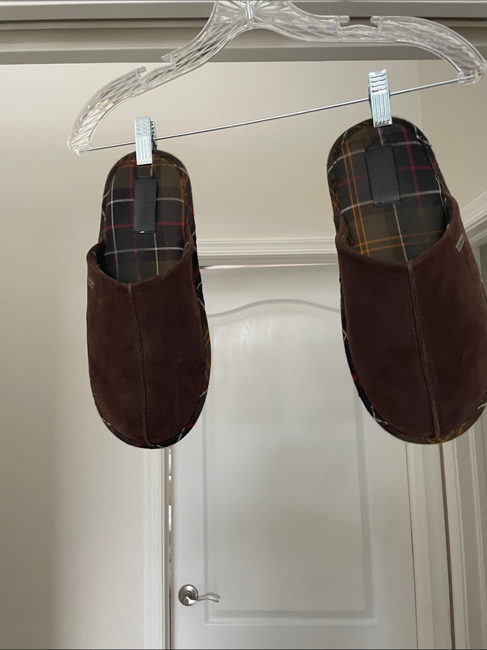 Barbour Brown Suede Slip-On Loafers with Plaid Lining